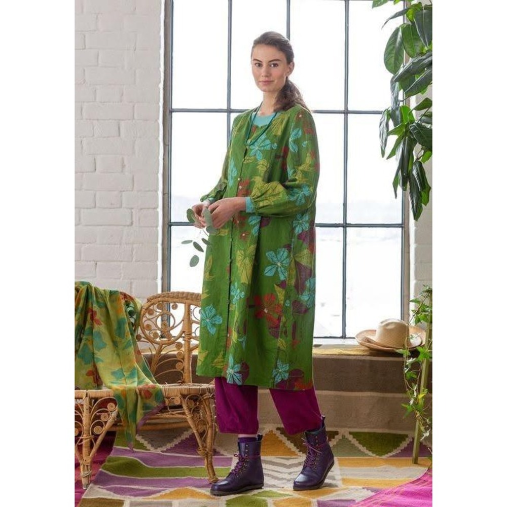 Gudrun Sjoden Dress XL Green Floral Organic Cotton Linen Lagenlook Midi Artsy